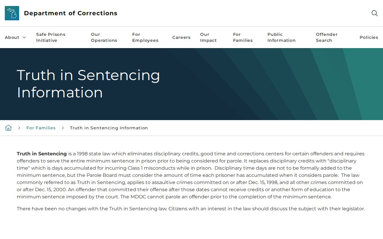 Michigan truth in sentencing source for Mason County projected release dates